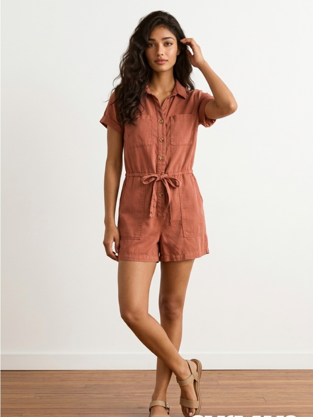 IRIS Women's Short Sleeve Button Front Utility Romper in Rust